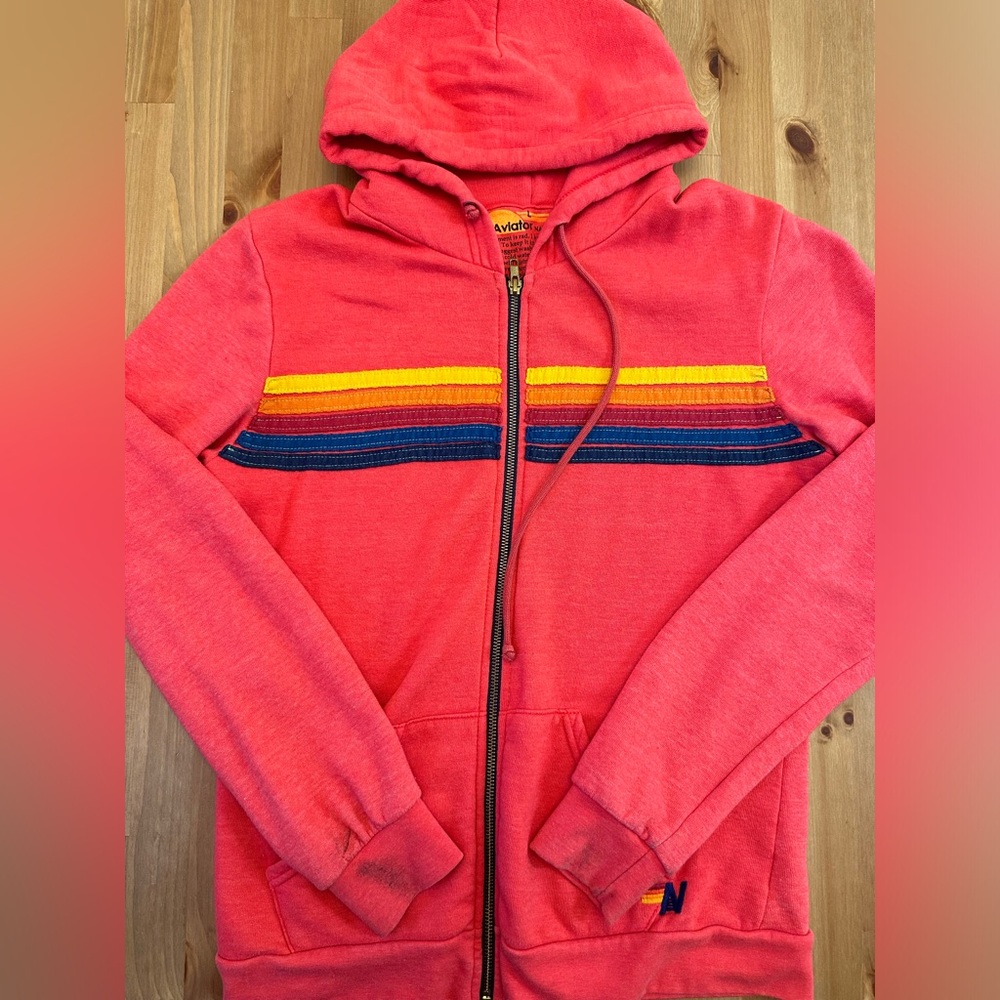 Aviator Nation Coral Pink Zip Hoodie with Yellow & Navy Stripes